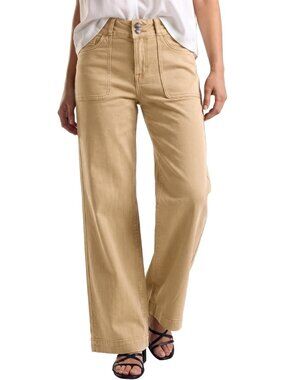 Women's Khaki Elastic High Waisted Stretchy Front Big Pocket Straight Leg Jeans